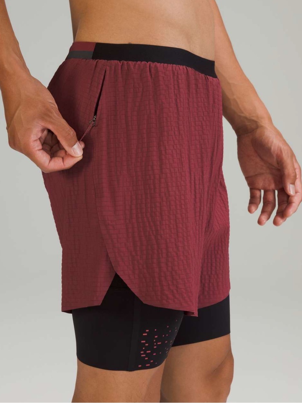 lululemon athletica Men's Maroon Layered Running Shorts with Black Liner